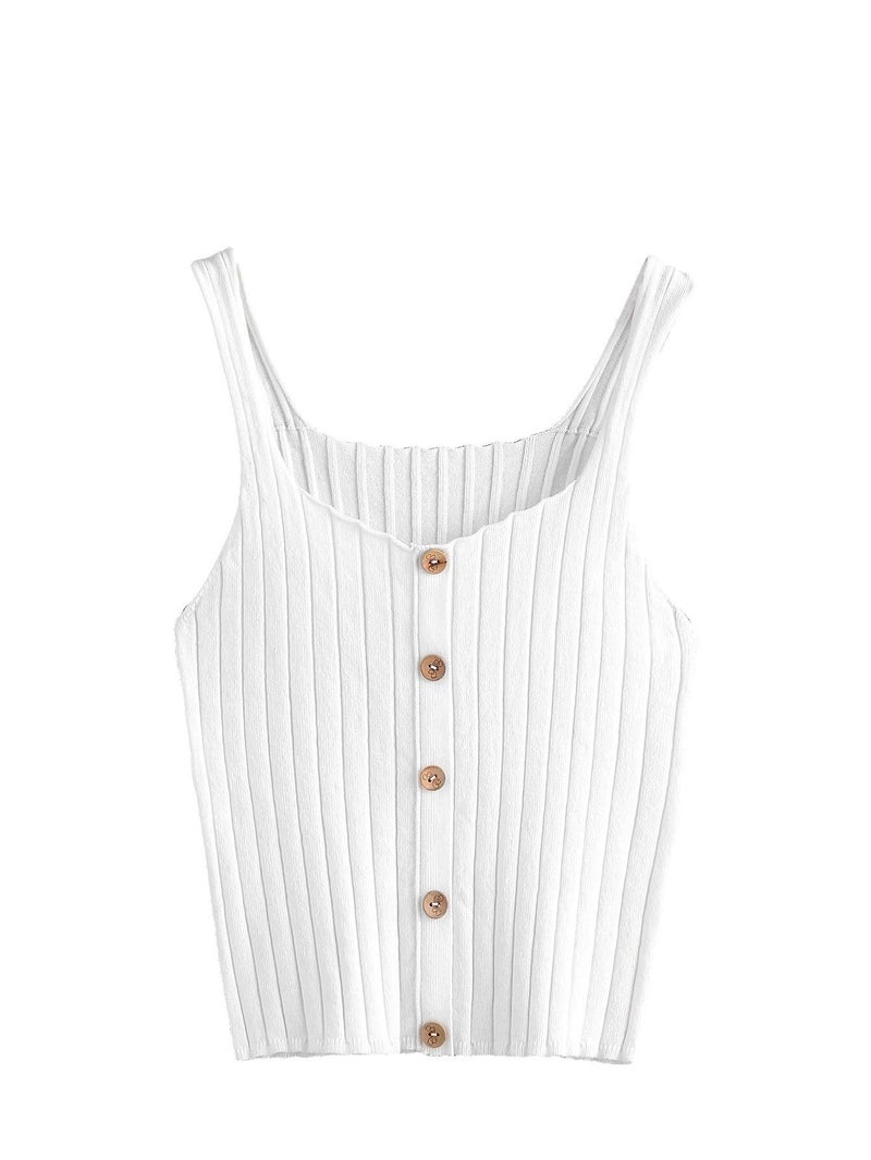 SweatyRocks Women's Sleeveless Vest Button Front Crop Tank Top Ribbed Knit Belly Shirt White#1 S - Image 1